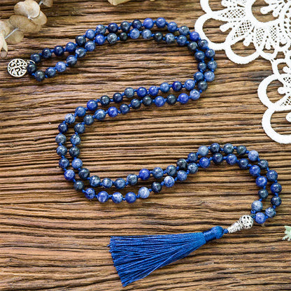 108 Mala Natural Sodalite Feito à Mão Nó Frisado Meditação Yoga Grande Cabeça de Buda Borla Colar Longo