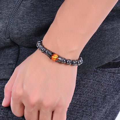 Pulseira de Contas CZ Crown Bead King&Queen com Pedra Olho de Tigre para Homens e Mulheres, Pulseira de Contas de Cristal de Pedra Natural, Joia com Pingente