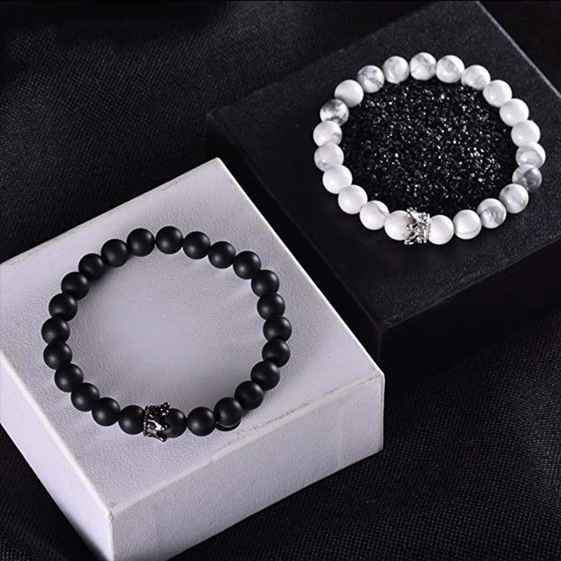 Pulseiras de Distância Coroa Rei e Rainha para Casal, Pulseira de Pedra Natural Howlite Preta Fosca de 8mm, Pulseira Elástica com Contas de Cura