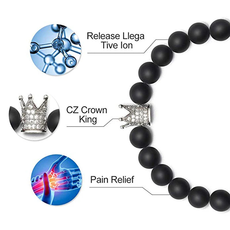 Pulseiras de Casal de Howlite Branca Fosca Preta de 8mm com Coroa de Zircônia Cúbica Rei e Rainha, Pulseiras de Pedra Natural, Pulseira de Distância com Pingente, Joias
