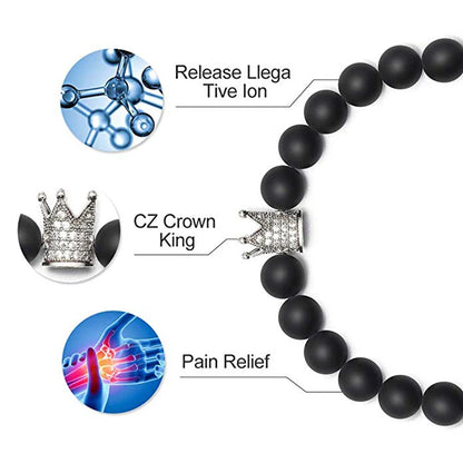 Pulseiras de Casal de Howlite Branca Fosca Preta de 8mm com Coroa de Zircônia Cúbica Rei e Rainha, Pulseiras de Pedra Natural, Pulseira de Distância com Pingente, Joias