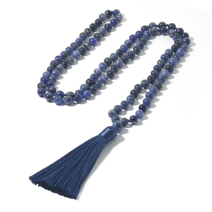 108 Mala Natural Sodalite Feito à Mão Nó Frisado Meditação Yoga Grande Cabeça de Buda Borla Colar Longo