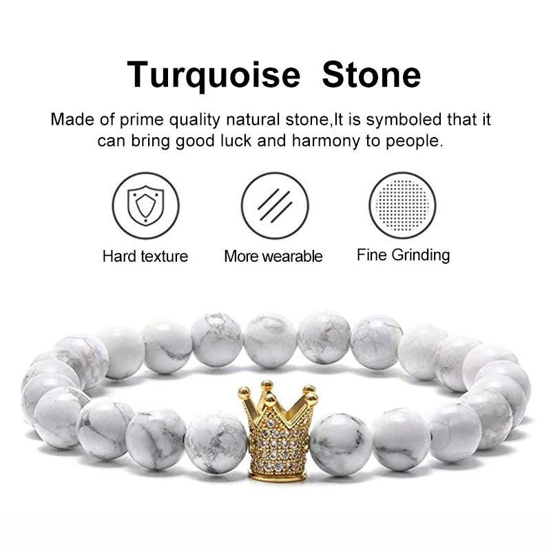 Pulseiras de Casal de Howlite Branca Fosca Preta de 8mm com Coroa de Zircônia Cúbica Rei e Rainha, Pulseiras de Pedra Natural, Pulseira de Distância com Pingente, Joias