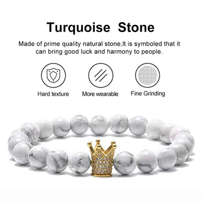 Pulseiras de Casal de Howlite Branca Fosca Preta de 8mm com Coroa de Zircônia Cúbica Rei e Rainha, Pulseiras de Pedra Natural, Pulseira de Distância com Pingente, Joias