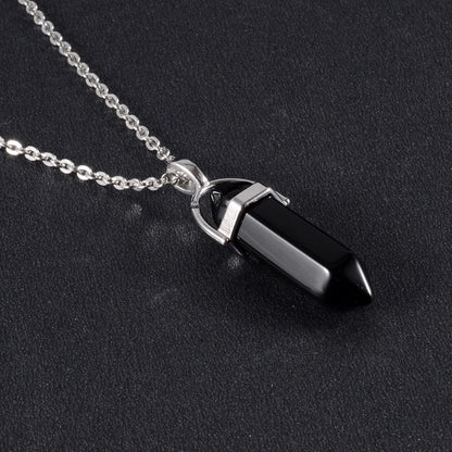 1 pçs de aço inoxidável natural quartzo obsidiana cristal hexagonal chakra ponto cura pêndulo pedra pingente colar para presente