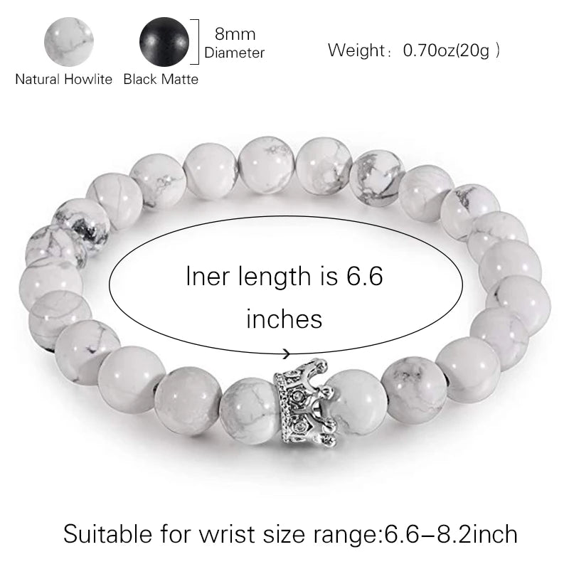 Pulseiras de Distância Coroa Rei e Rainha para Casal, Pulseira de Pedra Natural Howlite Preta Fosca de 8mm, Pulseira Elástica com Contas de Cura