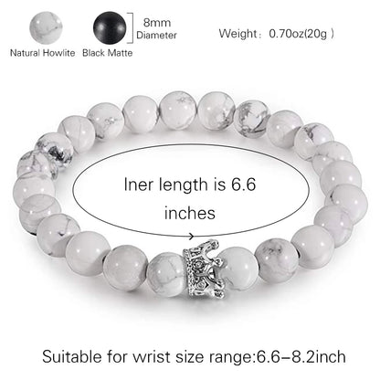 Pulseiras de Distância Coroa Rei e Rainha para Casal, Pulseira de Pedra Natural Howlite Preta Fosca de 8mm, Pulseira Elástica com Contas de Cura