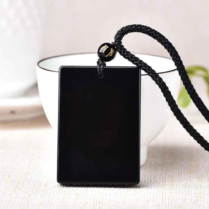 Colar de pedra obsidiana preta natural para homens e mulheres, pingentes retangulares, amuleto da sorte, corrente de suéter