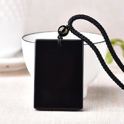 Colar de pedra obsidiana preta natural para homens e mulheres, pingentes retangulares, amuleto da sorte, corrente de suéter