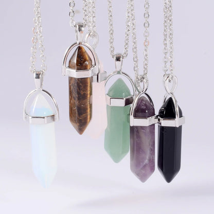 1 pçs de aço inoxidável natural quartzo obsidiana cristal hexagonal chakra ponto cura pêndulo pedra pingente colar para presente