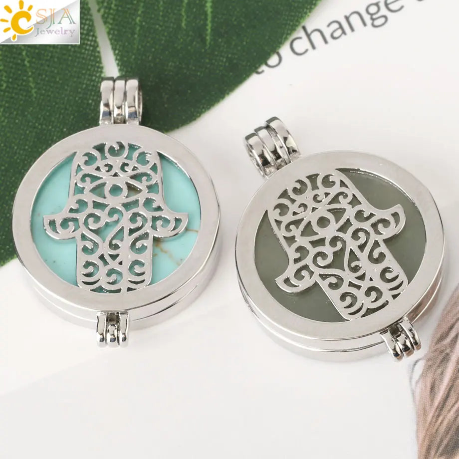 Colar com Pingente de Pedra Natural CSJA, Design da Mão de Fátima Hamsa, Difusor de Óleo Essencial, Joia de Cura para Mulheres e Homens G309