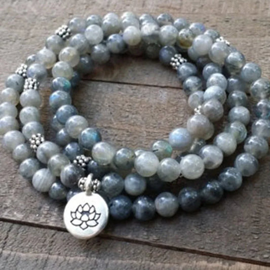 Labradorite 108 mala colar, pulseira envoltório estiramento