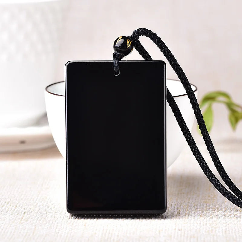 Colar de pedra obsidiana preta natural para homens e mulheres, pingentes retangulares, amuleto da sorte, corrente de suéter