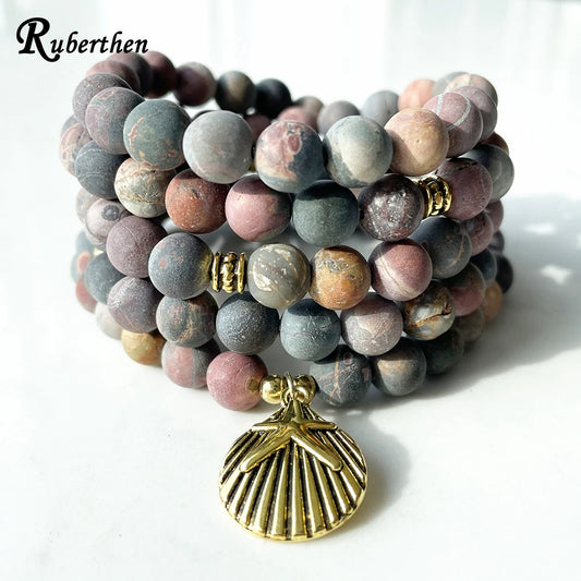 Ruberthen novo design fosco picasso jasper 108 mala pulseira feminina espiritual colar equilíbrio yoga espírito mala jóias