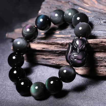 Pulseira de obsidiana com olhos de arco-íris, pulseira masculina de obsidiana dourada, raposa de olhos verdes, círculo único, joias de cristal para casal