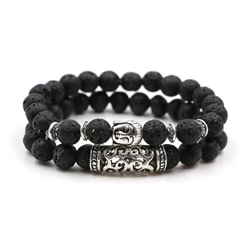 Yizizai 2 pçs/set tibetano cabeça de buda pulseira jóias pedra natural grânulo pulseiras das mulheres dos homens lava ônix turquesa jóias presente