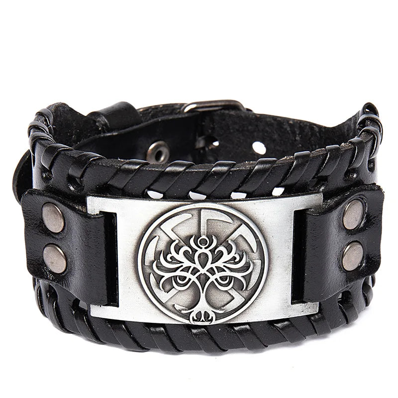 Moda árvore da vida totem viking pulseira masculina charme pulseira nova moda couro tecido acessórios festa hip hop punk jóias