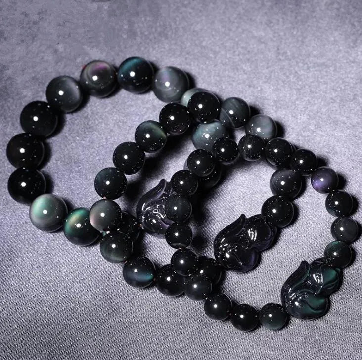 Pulseira de obsidiana com olhos de arco-íris, pulseira masculina de obsidiana dourada, raposa de olhos verdes, círculo único, joias de cristal para casal
