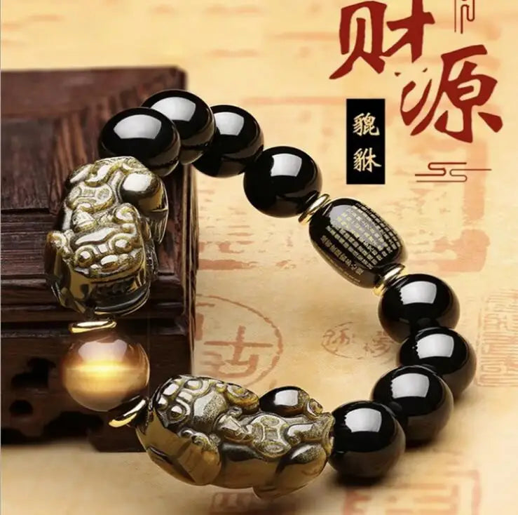 Natural méxico ouro obsidiana duplo pi xiu pulseira duplo um dólar pixiu estilo masculino requintado escultura mão corda atacado