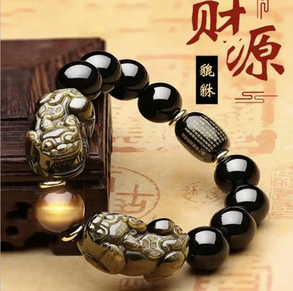 Natural méxico ouro obsidiana duplo pi xiu pulseira duplo um dólar pixiu estilo masculino requintado escultura mão corda atacado