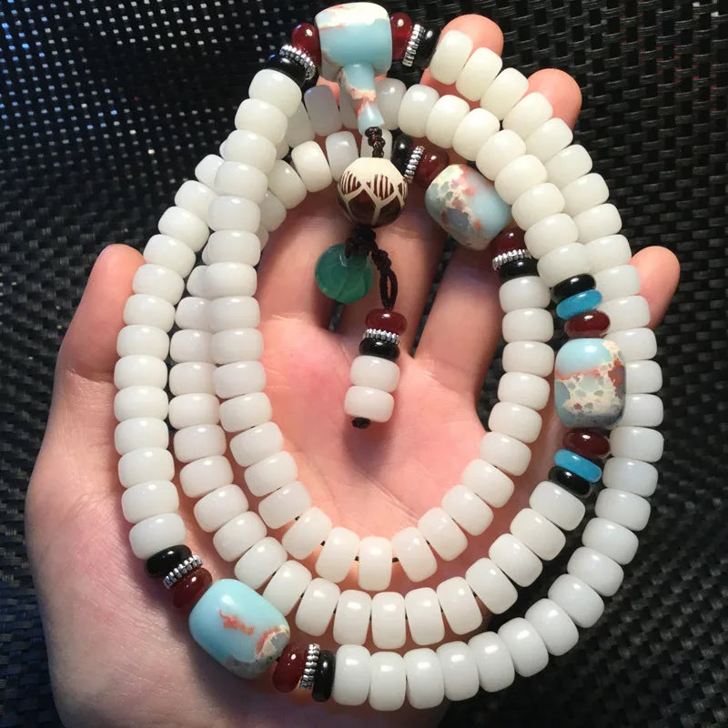 Pulseira de contas de raiz bodista 108, colar branco de lótus mala para oração budista, pulseira de rosário para mulheres buda para meditação, presente