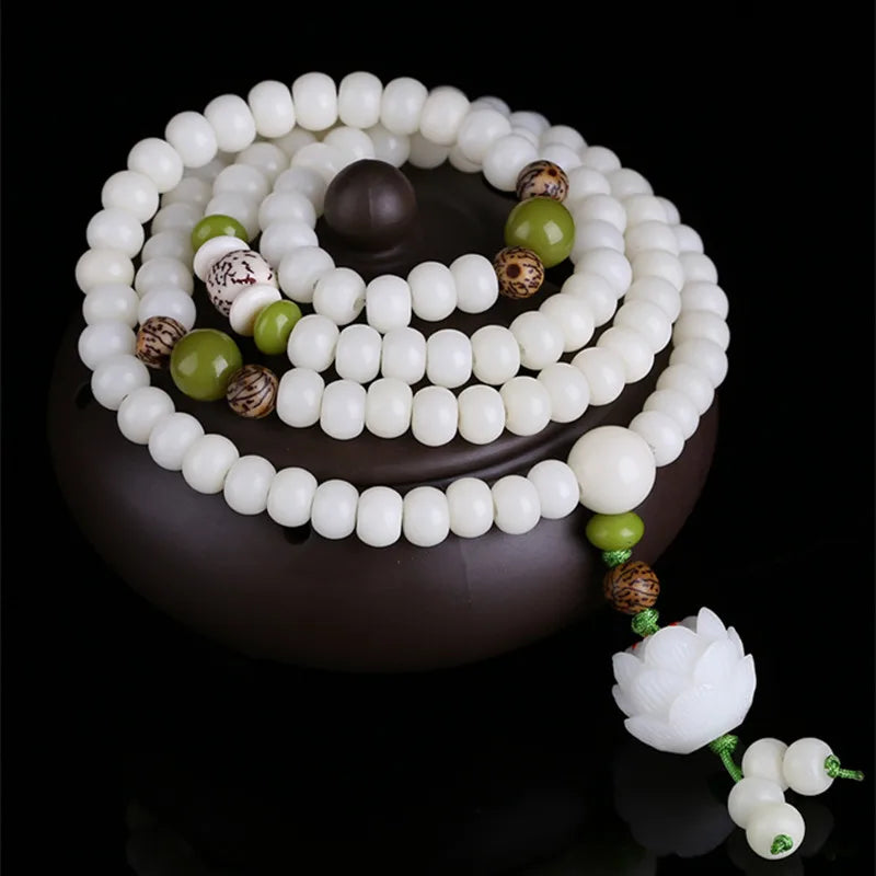 Natural Branco Bodhi Raiz Pulseira de Contas para Mulheres, Lotus Mala, Oração de Cura, Jóias, Design Original, 108