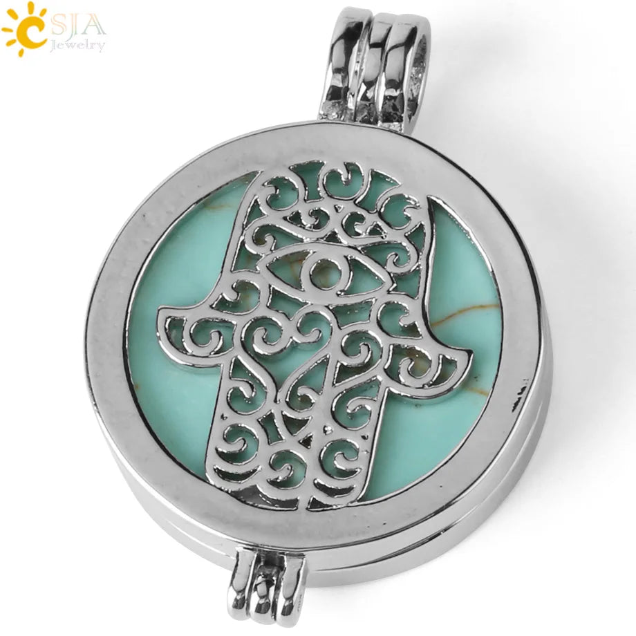 Colar com Pingente de Pedra Natural CSJA, Design da Mão de Fátima Hamsa, Difusor de Óleo Essencial, Joia de Cura para Mulheres e Homens G309