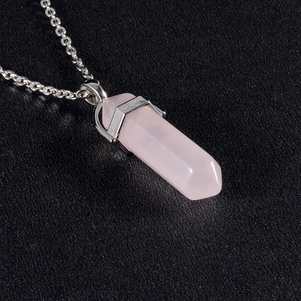 1 pçs de aço inoxidável natural quartzo obsidiana cristal hexagonal chakra ponto cura pêndulo pedra pingente colar para presente