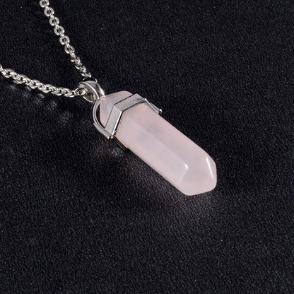 1 pçs de aço inoxidável natural quartzo obsidiana cristal hexagonal chakra ponto cura pêndulo pedra pingente colar para presente