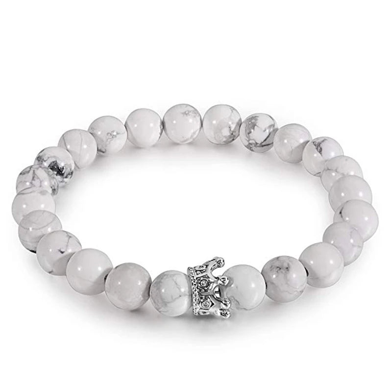 Pulseiras de Distância Coroa Rei e Rainha para Casal, Pulseira de Pedra Natural Howlite Preta Fosca de 8mm, Pulseira Elástica com Contas de Cura