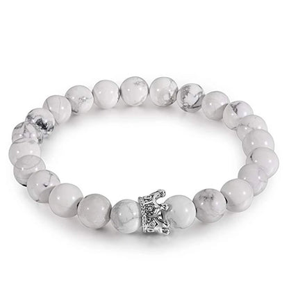 Pulseiras de Distância Coroa Rei e Rainha para Casal, Pulseira de Pedra Natural Howlite Preta Fosca de 8mm, Pulseira Elástica com Contas de Cura