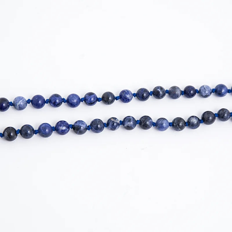 108 Mala Natural Sodalite Feito à Mão Nó Frisado Meditação Yoga Grande Cabeça de Buda Borla Colar Longo