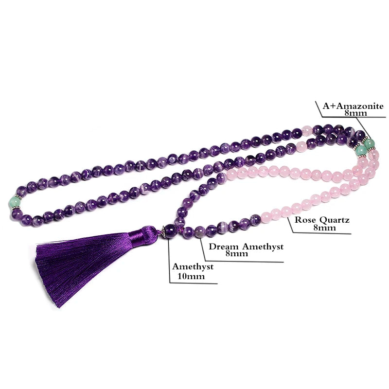 Colar de miçangas de quartzo ametista e rosa, 8mm, coração calmante japamala, joia mala 108, pulseira feminina com contas naturais