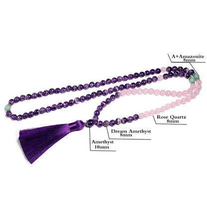 Colar de miçangas de quartzo ametista e rosa, 8mm, coração calmante japamala, joia mala 108, pulseira feminina com contas naturais