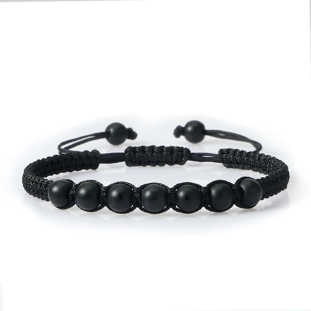 Homens pulseira preta pedra natural ônix lava frisado trançado pulseiras pulseiras corda ajustável corrente homme moda jóias artesanais