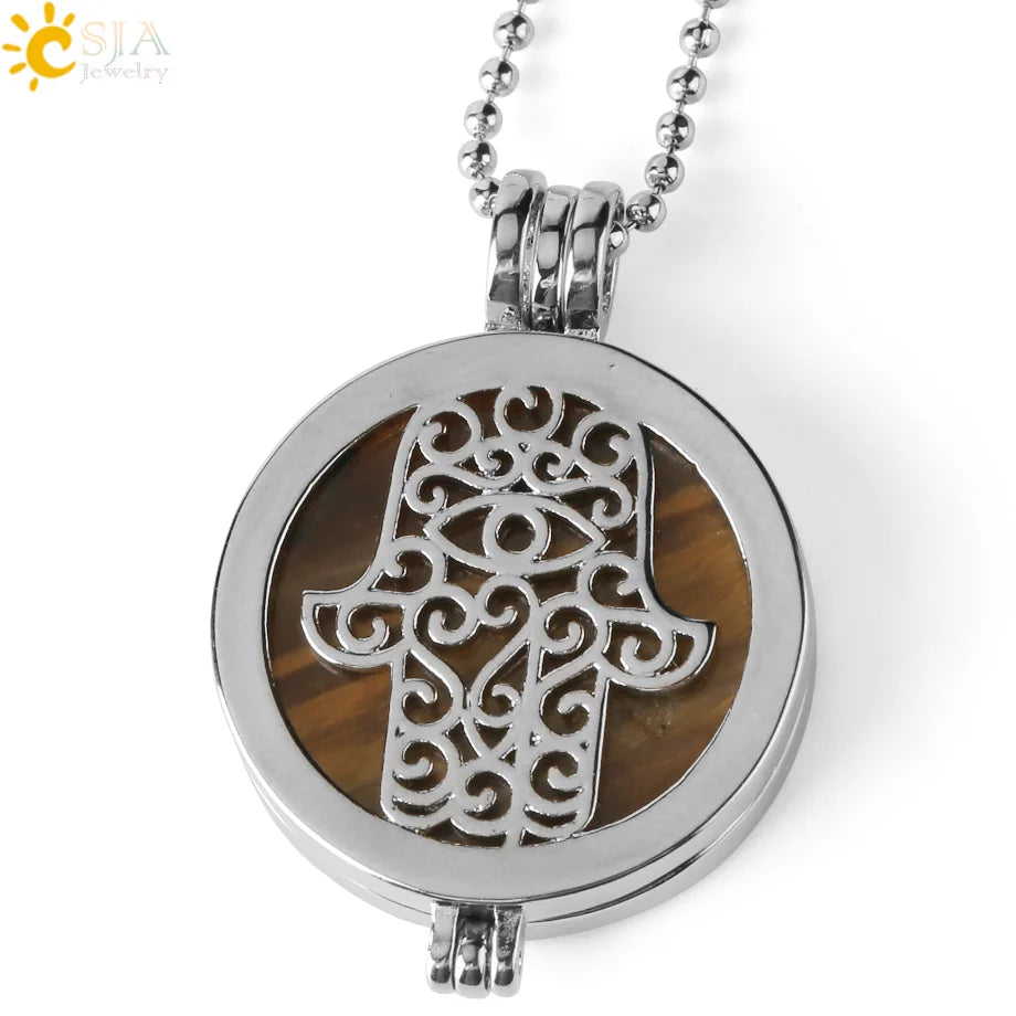Colar com Pingente de Pedra Natural CSJA, Design da Mão de Fátima Hamsa, Difusor de Óleo Essencial, Joia de Cura para Mulheres e Homens G309