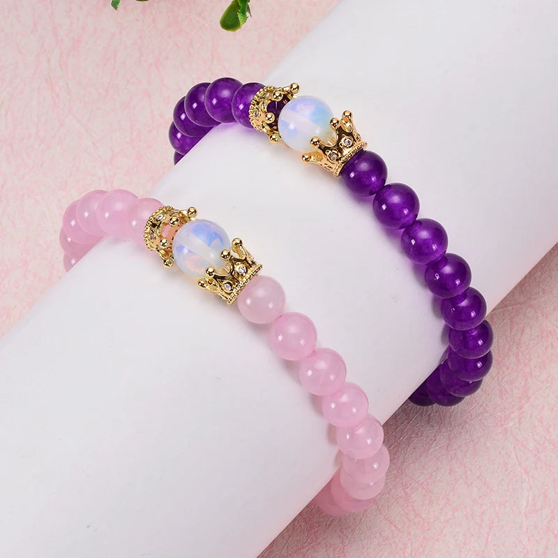 Pulseira de Contas CZ Crown Bead King&Queen com Pedra Olho de Tigre para Homens e Mulheres, Pulseira de Contas de Cristal de Pedra Natural, Joia com Pingente