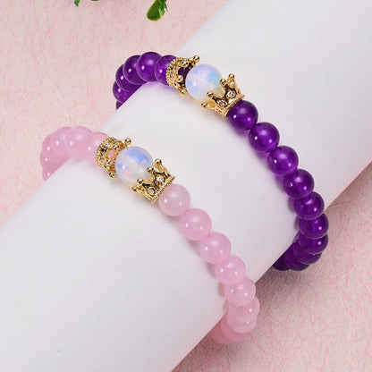 Pulseira de Contas CZ Crown Bead King&Queen com Pedra Olho de Tigre para Homens e Mulheres, Pulseira de Contas de Cristal de Pedra Natural, Joia com Pingente