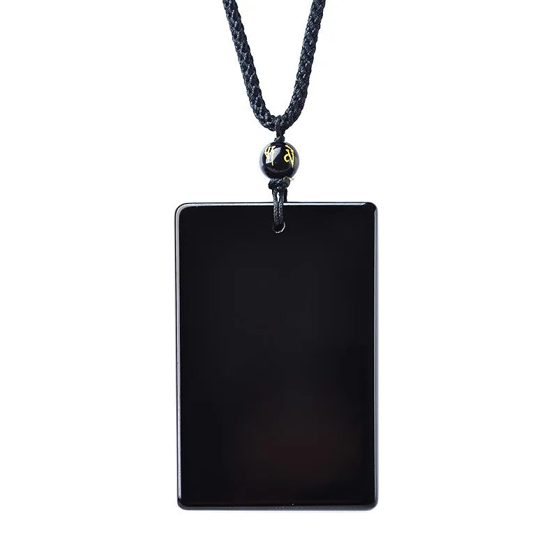 Colar de pedra obsidiana preta natural para homens e mulheres, pingentes retangulares, amuleto da sorte, corrente de suéter