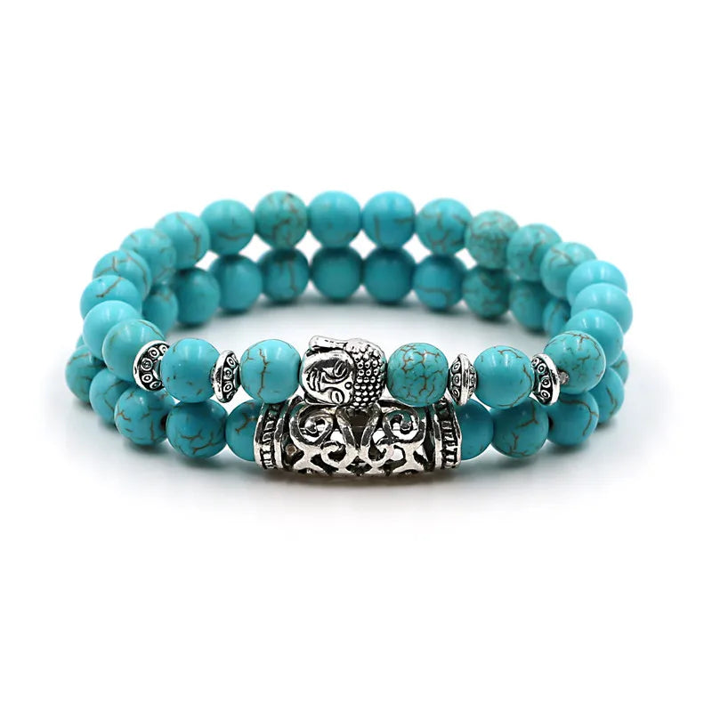 Yizizai 2 pçs/set tibetano cabeça de buda pulseira jóias pedra natural grânulo pulseiras das mulheres dos homens lava ônix turquesa jóias presente