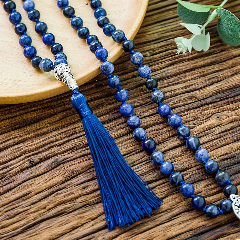 108 Mala Natural Sodalite Feito à Mão Nó Frisado Meditação Yoga Grande Cabeça de Buda Borla Colar Longo