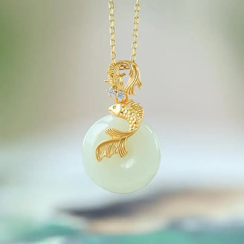 Natural Hetian Jade Koi Colar para Senhoras, Pingente Retro, Jóias de Luxo Luz, Designer Original, Novo
