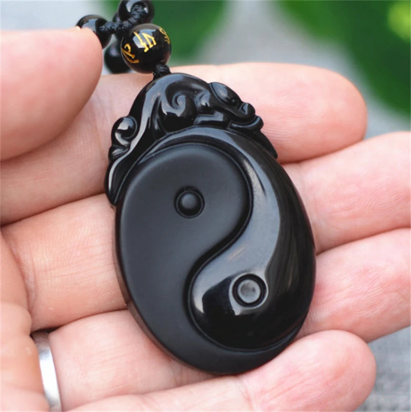 Natural preto obsidiana esculpida yin e yang bagua colar pingente peixes pingente colar jóias