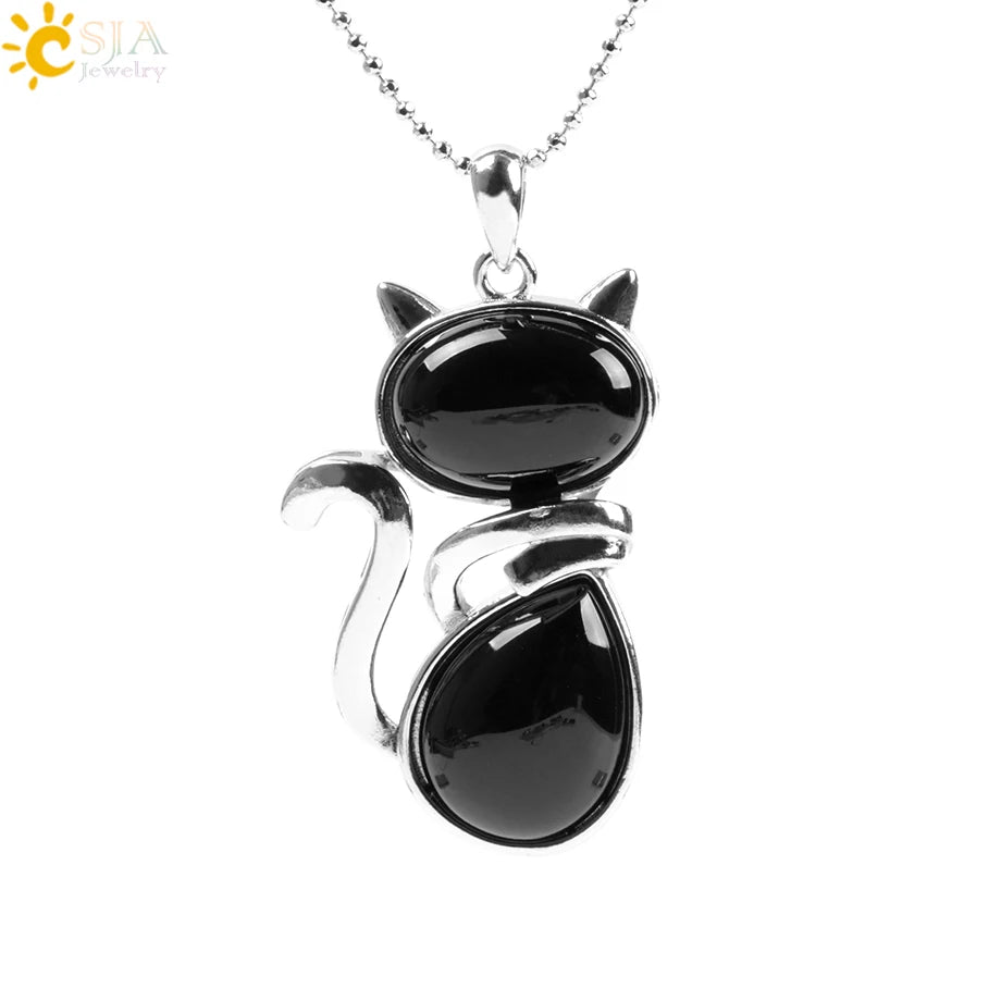 CSJA Reiki Colares de Pedra Natural Pingentes de Quartzo Rosa para Mulheres Menina Bonito Forma de Gato Rocha Preto Onyx Contas Corrente Jóias F066