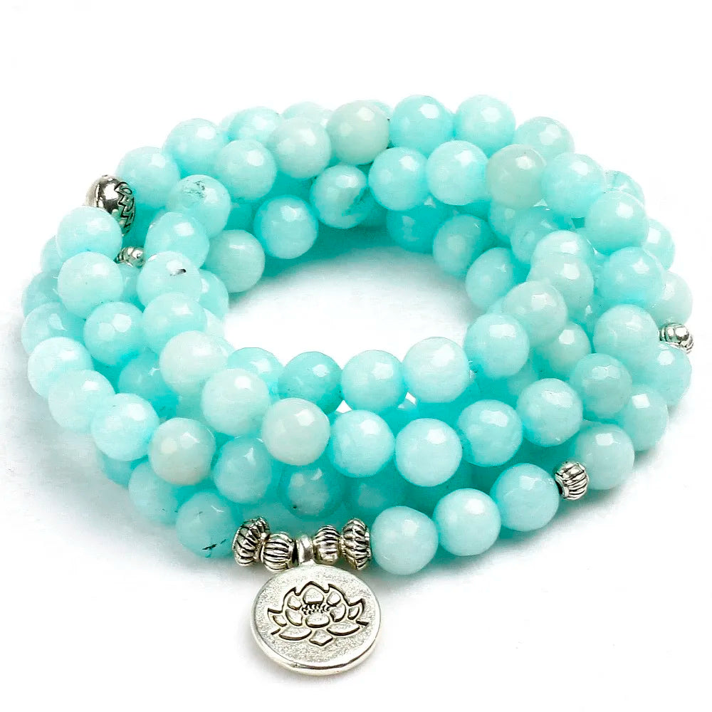Natural Calcedônia Contas Pulseira para Homens e Mulheres, 8mm Face, 108 Contas Mala, Charme Budista, Pulseira Artesanal, Presente Da Jóia