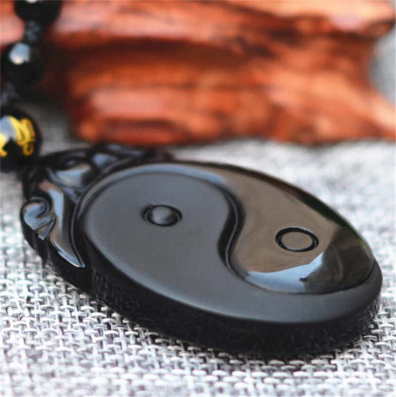 Natural preto obsidiana esculpida yin e yang bagua colar pingente peixes pingente colar jóias