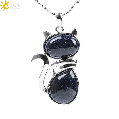 CSJA Reiki Colares de Pedra Natural Pingentes de Quartzo Rosa para Mulheres Menina Bonito Forma de Gato Rocha Preto Onyx Contas Corrente Jóias F066