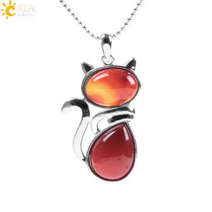 CSJA Reiki Colares de Pedra Natural Pingentes de Quartzo Rosa para Mulheres Menina Bonito Forma de Gato Rocha Preto Onyx Contas Corrente Jóias F066