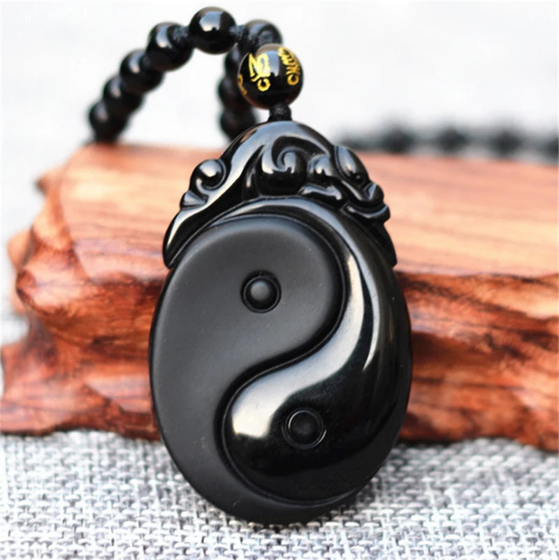 Natural preto obsidiana esculpida yin e yang bagua colar pingente peixes pingente colar jóias