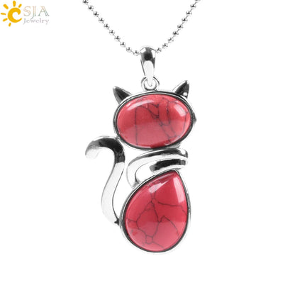 CSJA Reiki Colares de Pedra Natural Pingentes de Quartzo Rosa para Mulheres Menina Bonito Forma de Gato Rocha Preto Onyx Contas Corrente Jóias F066
